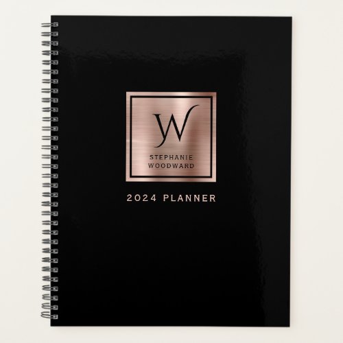 Elegant Black Rose Gold Monogram 2024 Planner