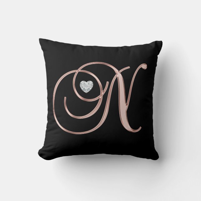 Elegant Black Rose Gold Monogram Letter 'N ' Throw Pillow (Front)