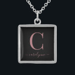 Elegant Black Rose Gold Monogram Name Sterling Silver Necklace<br><div class="desc">Chic Elegant Pink Rose Gold Monogram Script necklace on a chic black background. Easy to customize with your own name and details. Perfect for your luxury lifestyle! Please contact us at cedarandstring@gmail.com if you need assistance with the design or matching products.</div>