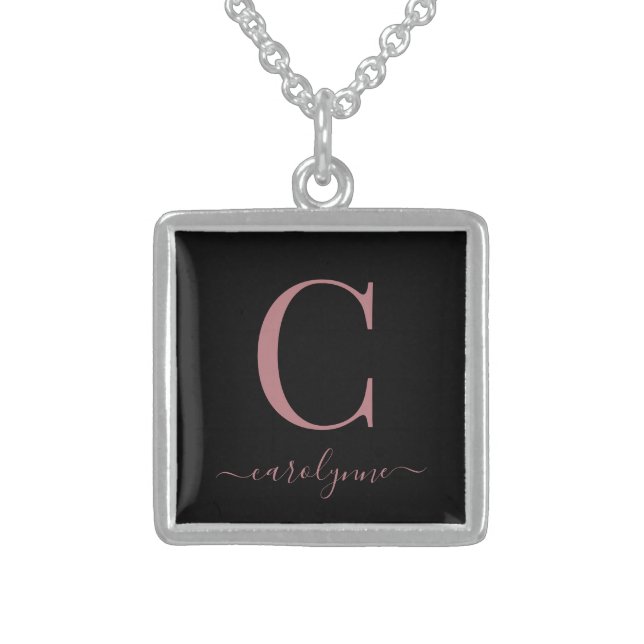 Elegant Black Rose Gold Monogram Name Sterling Silver Necklace (Front)