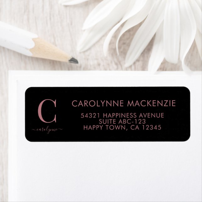 Elegant Black Rose Gold Monogram Typography Label (Insitu)