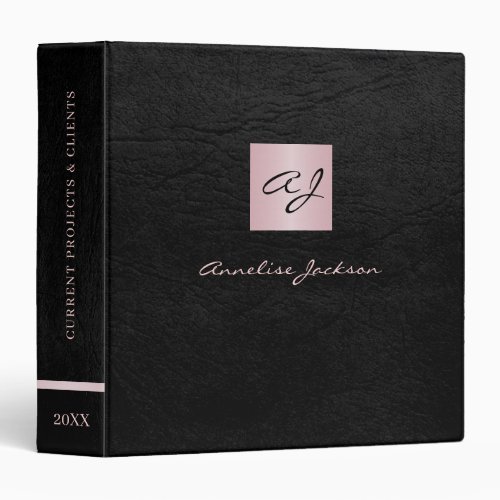 Elegant black rose gold monogrammed leather classy 3 ring binder