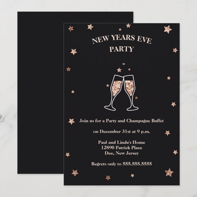 Elegant Black & Rose Gold New Years Eve Party Invitation (Front/Back)
