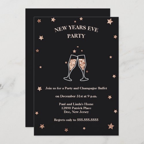 Elegant Black  Rose Gold New Years Eve Party Invitation