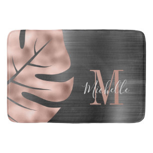 Elegant Black Rose Gold Palm Leaf Monogram  Bath Mat