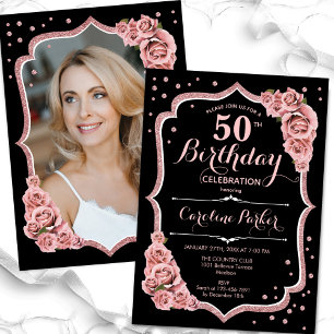 Elegant Black Rose Gold Photo 50th Birthday Invitation