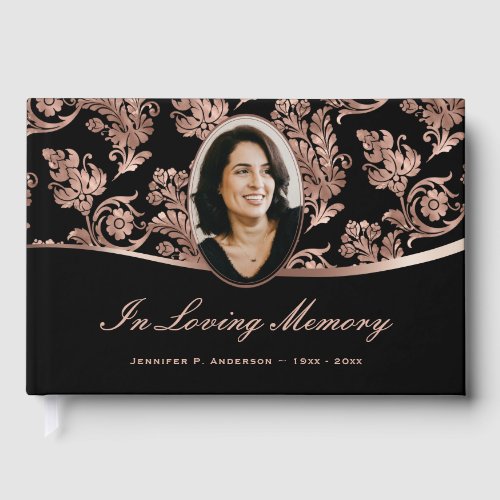 Elegant Black Rose Gold Photo Memorial Funeral Guest Book