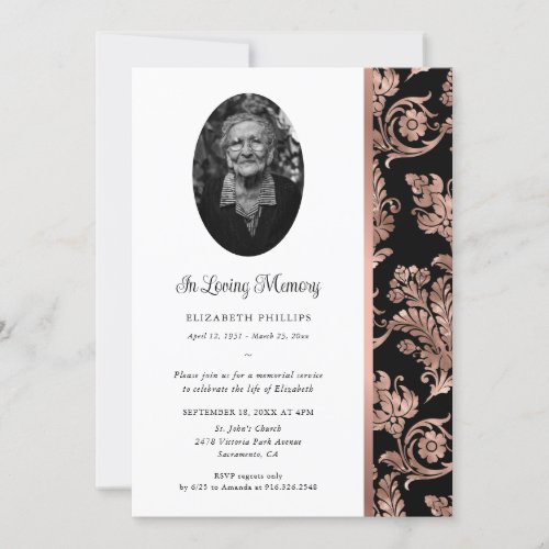 Elegant Black Rose Gold Photo Memorial Service Invitation