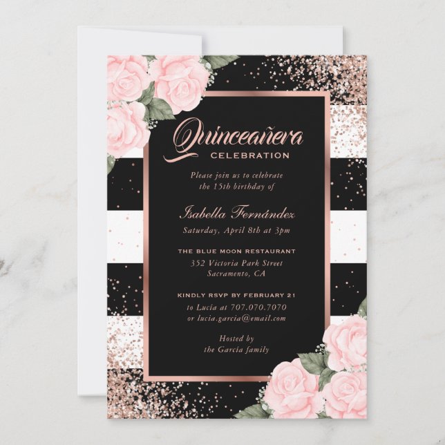 Elegant Black Rose Gold Pink Floral Quinceañera Invitation (Front)