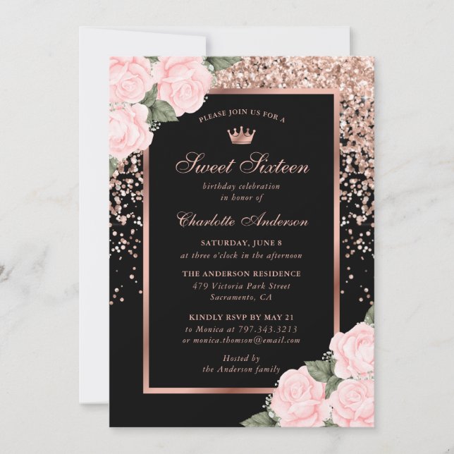 Elegant Black Rose Gold Pink Sweet 16 Birthday Invitation (Front)