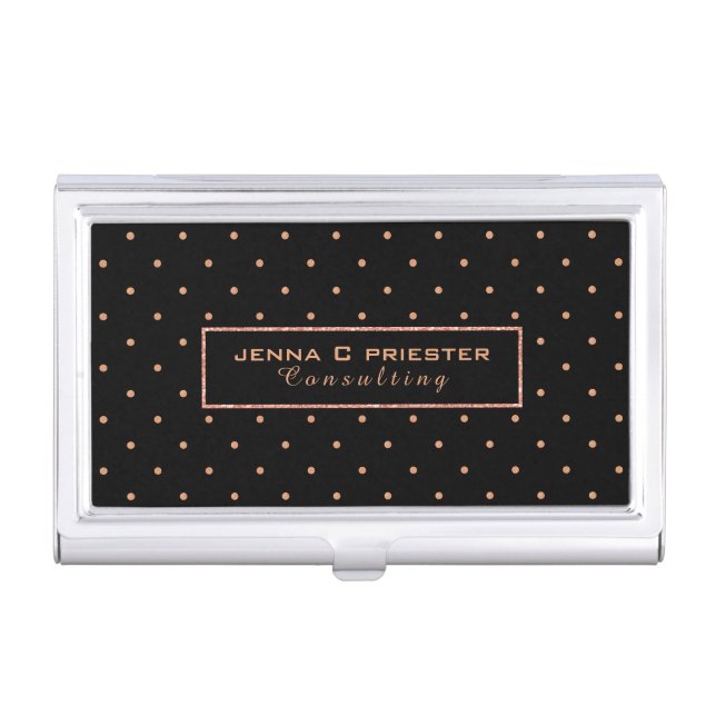 Elegant Black & Rose-gold Polka Dots Pattern Business Card Case (Front)