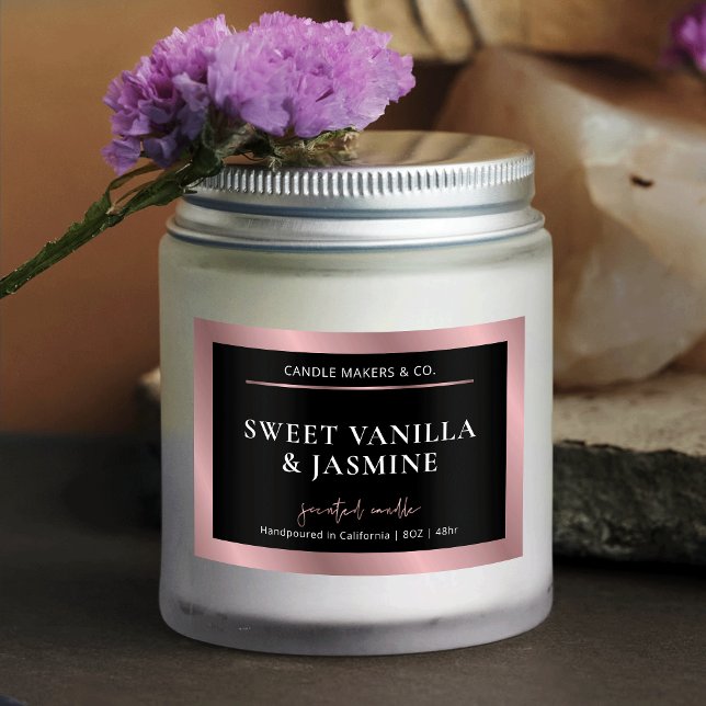 Elegant Black & Rose Gold Product Packaging Label (Black and rose gold rectangle product label)