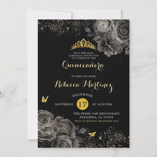 Elegant Black rose & Gold Royal Crown Mis Quince Invitation (Front)