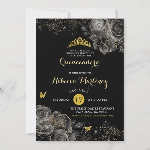 Elegant Black rose  Gold Royal Crown Mis Quince Invitation