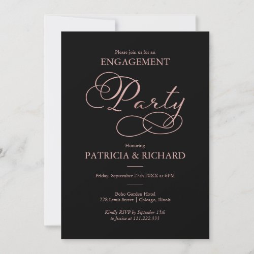 Elegant Black Rose Gold Script Engagement Party Invitation