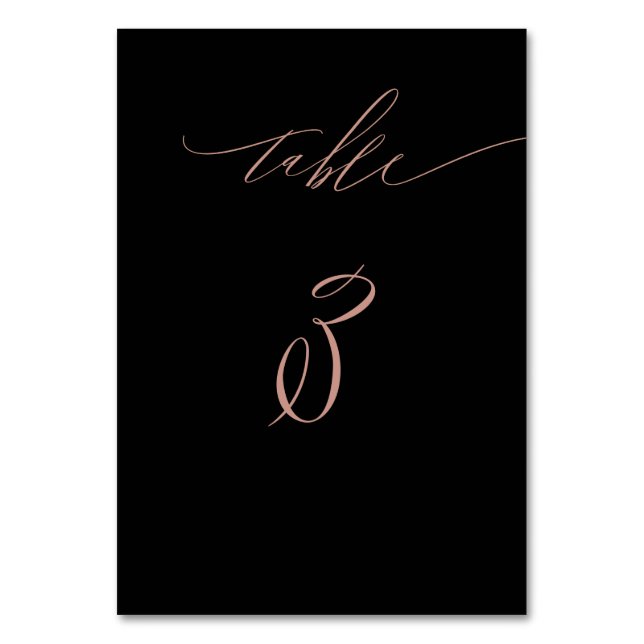 Elegant Black Rose Gold Script No 3 Wedding Table Number (Front)