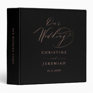 Elegant Black Rose Gold Script Wedding 3 Ring Binder