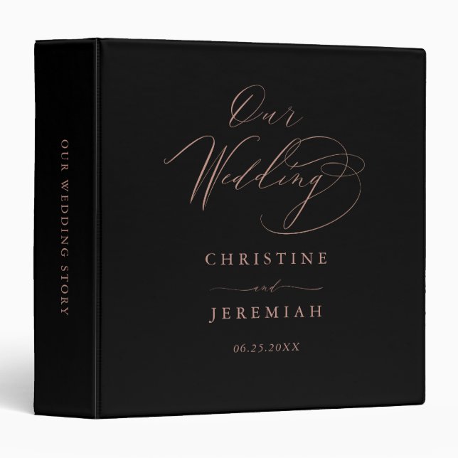 Elegant Black Rose Gold Script Wedding 3 Ring Binder (Front/Spine)