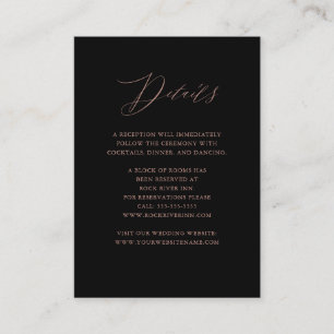 Elegant Black Rose Gold Script Wedding Details Enclosure Card