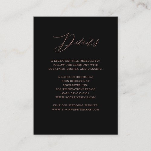 Elegant Black Rose Gold Script Wedding Details Enclosure Card