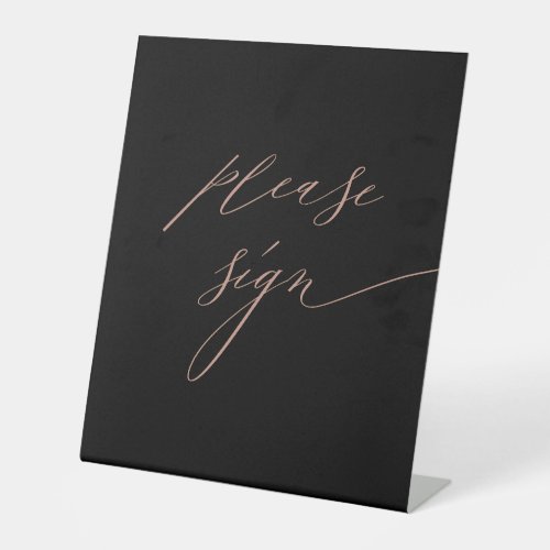Elegant Black Rose Gold Script Wedding Guestbook Pedestal Sign