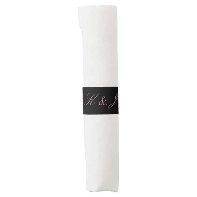 Elegant Black Rose Gold Script Wedding Napkin Bands (Front)