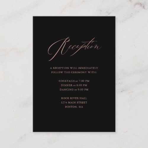 Elegant Black Rose Gold Script Wedding Reception Enclosure Card