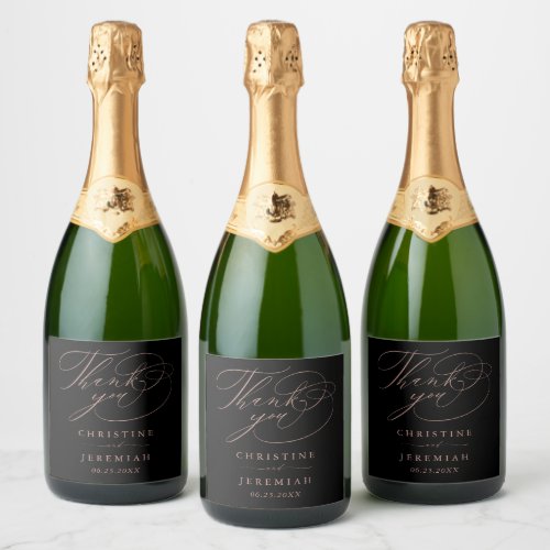 Elegant Black Rose Gold Script Wedding Sparkling Wine Label