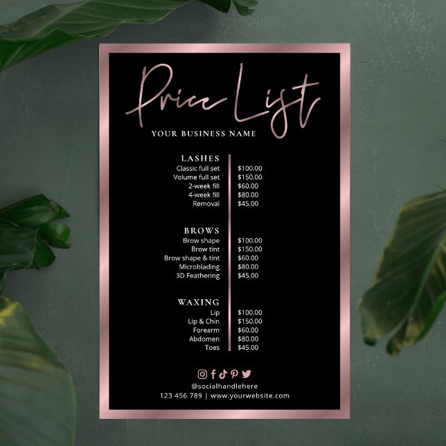 Elegant Black & Rose Gold Services Pricing Poster (Black and rose gold price list menu for small business)