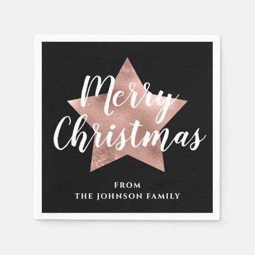 Elegant Black Rose Gold Star Merry Christmas  Napkins