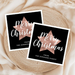 Elegant Black Rose Gold Star Merry Christmas Napkins