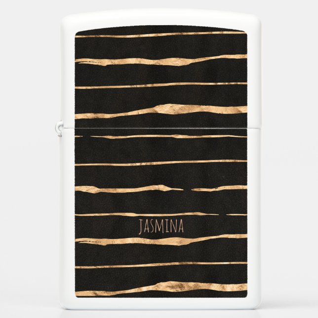 Elegant Black & Rose-Gold Stripes Pattern Zippo Lighter (Front)