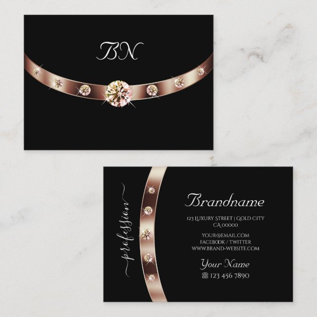 Elegant Black Rose Gold with Monogram and Diamonds Business Card (Front/Back)