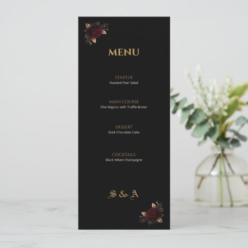 Elegant Black Rose Gothic Wedding Menu Card