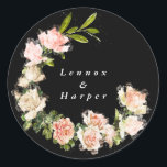 Elegant Black Rose Romance Wedding Classic Round Sticker<br><div class="desc">A classic elegant design modernised with text in wreath and the placement of the watercolor roses & greenery to embellish the Classic Round Sticker. Modern classic style florals. White and pink roses. Stylish classic wedding with this twist of modernism by Phrosne Ras Design - Elegant Rose Romance Watercolor Classic Round...</div>