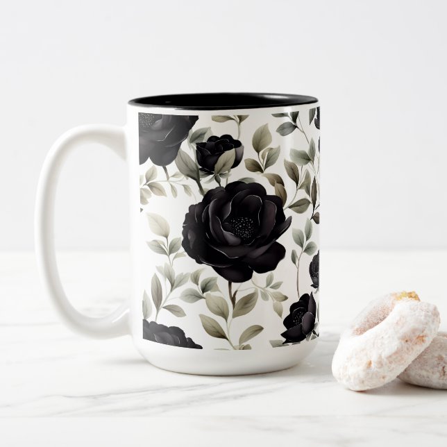 Elegant Black Rose Two-Tone Coffee Mug (With Donut)