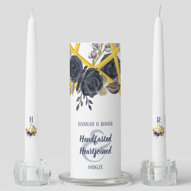 Elegant Black Rose Wiccan Pentacle Handfasting Unity Candle Set (Front)