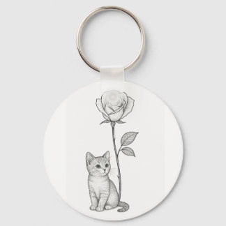Elegant Black Rose with Little Kitten Keychain
