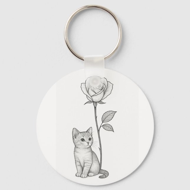 Elegant Black Rose with Little Kitten Keychain (Front)