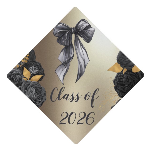  Elegant Black Roses Bow Gold Class 2019 Graduation Cap Topper (Front)