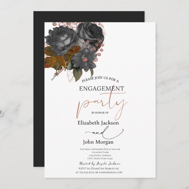 Elegant Black Roses Engagement  Invitation (Front/Back)