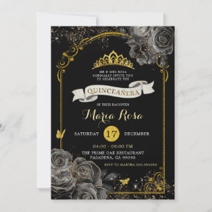 Elegant Black Roses Gold Royal Crown Quinceañera Invitation