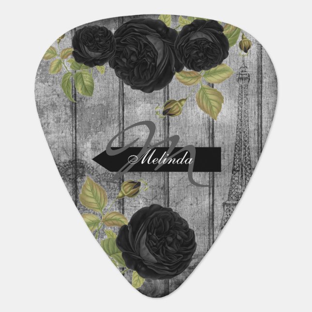 Elegant Black Roses in Paris Guitar Pick (Front)