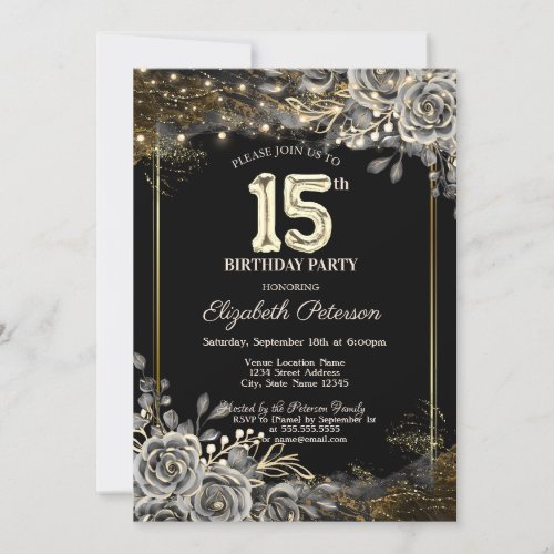 Elegant Black RosesLights Black 15th Birthday Invitation