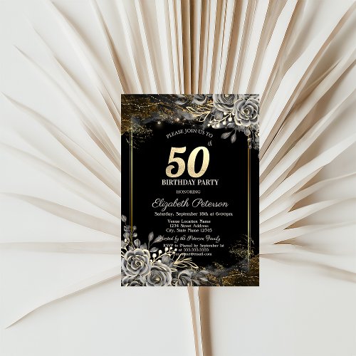 Elegant Black RosesLights Black 50th Birthday  Invitation