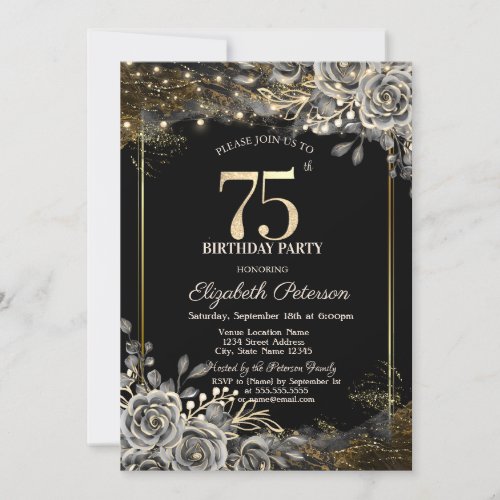 Elegant Black RosesLights Black 75th Birthday  Invitation