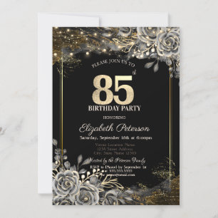 Elegant Black Roses,Lights Black 85th Birthday Invitation