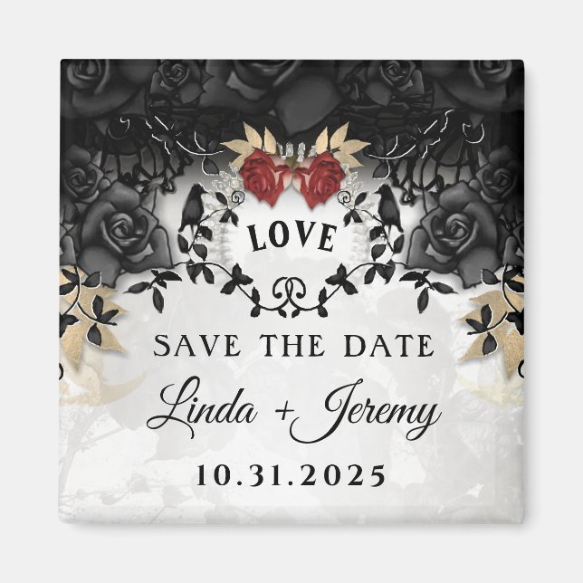 Elegant Black Roses Ravens Halloween Wedding Magnet (Front)