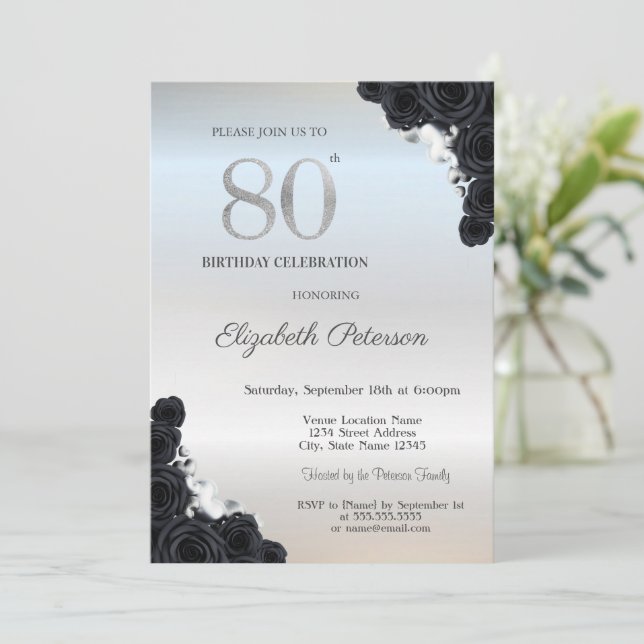 Elegant Black Roses Silver 80th Birthday  Invitation (Standing Front)