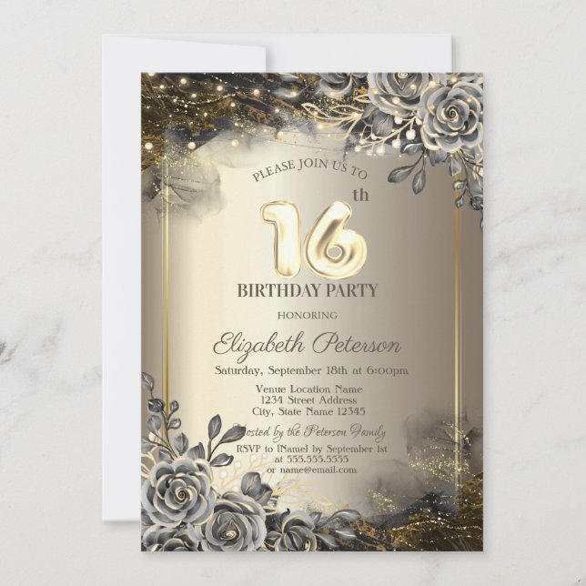 Elegant Black Roses,String Lights 16th Birthday  Invitation (Front)